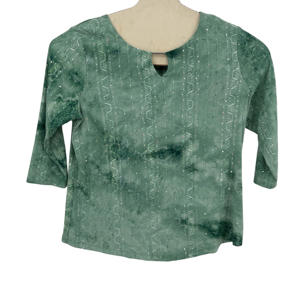 JM Collection Women Green Tie Dye Sequin Embellished Keyhole 3/4 Sleeve Top L
